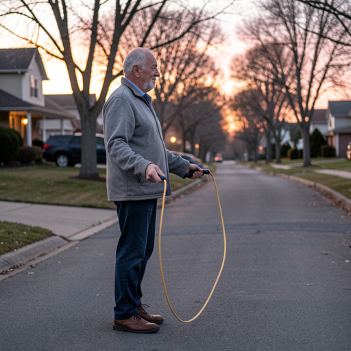 old man holding thick jump rope outdoors