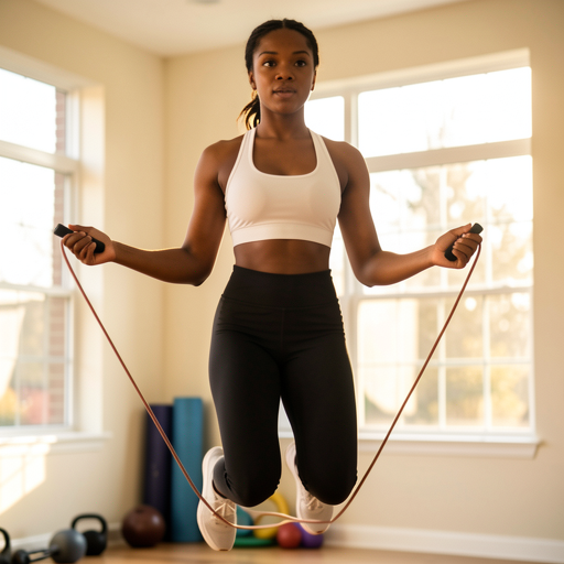 woman jumping rope on knees in home gym